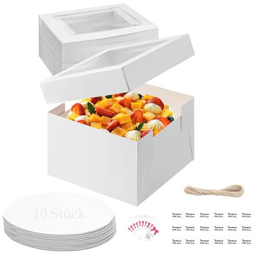 Kongming 10 Stück Tortenkarton mit Tortenbrett und 1 Hanfseil 2 Blatt Aufkleber, Tortenbox aus pappe mit Sichtfenster Weiß Tortenschachtel für 8-Zoll kuchen transport 25.4 * 25.4 * 20.3cm