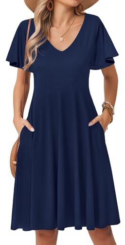 Zeagoo Kleid Damen Elegant Sommerkleider Knielang Freizeit Kleider V-Ausschnitt Strandkleid Lose Swing A-Linie Kleid Casual Blusenkleid Blauviolett L