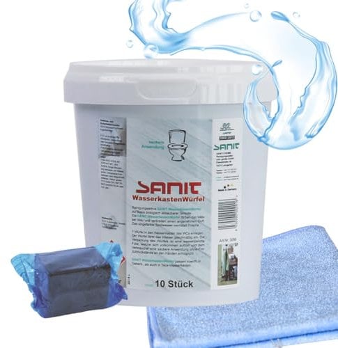 BADfabrik24 Wasserkasten-Würfel Set – 2 Dosen (insg. 10 Würfel) + Mikrofasertuch Stretch Light 40×40 cm Blau, wasserlösliche Folie, bis zu 4 Wochen blauer Wasserfluss, kompatibel mit Einwurfschächten