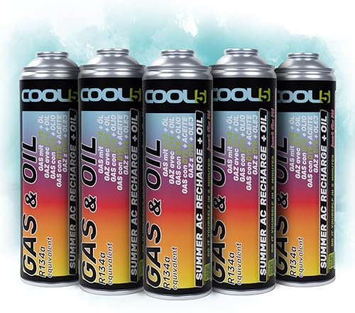 COOL5 2in1-5 x R134a refrigerante di ricambio con olio, per ricarica aria condizionata per auto 1995-2016 - 5 BOX + APC 500ml