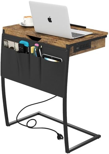 Hadulcet Beistelltisch C Form mit Stauraum, Couch Beistelltisch mit Ladestation, Sofatisch Mobiler Kaffeetisch mit Metallrahmen, Betttisch für Wohnzimmer, Schlafzimmer, Balkon, Braun