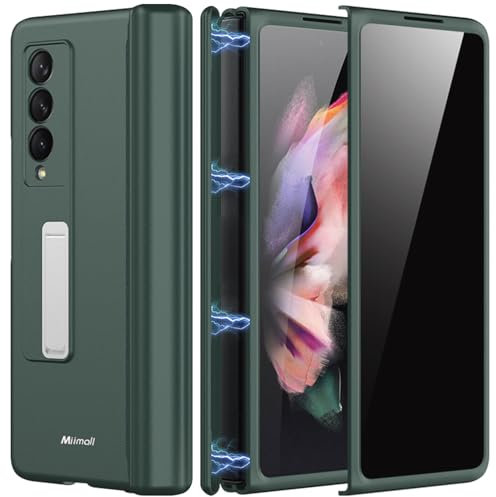 Miimall Case pour Samsung Fold 3, [Verre Trempé Anti-Espion] [360° Antichoc Robuste] [Protection par Charnière] Résistant aux Rayures Anti-Poussière Mince Matte Coque avec Support Z Fold 3 (Vert)