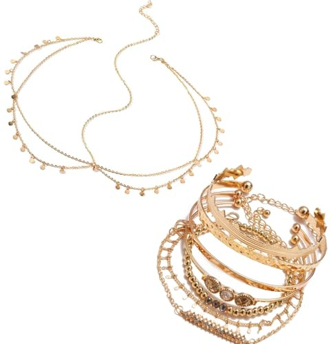 XoeLLe 8 Stück Wahrsagerin Accessoires, Wahrsagerin Kopfschmuck + 7 Stück Armbänder gold Armketten, Wahrsagerin Kostüm, Damen Faschingskostüm Accessoires für Fasching Karneval Mottoparty Cosplay