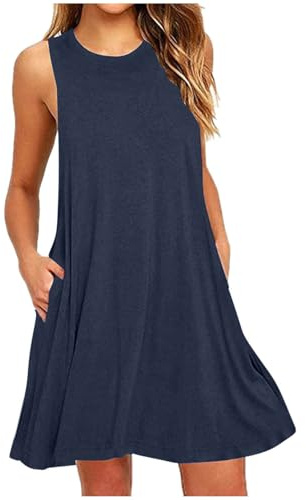 EMATOP Damen Kleider Elegant Kurzer Shirtkleid Ärmellos Lässiges Sommerkleid Knielang Strandkleid Baumwolle Einfarbig Minikleid Leicht Bequem Freizeitkleid mit Taschen T-Shirt A Linie Kleid