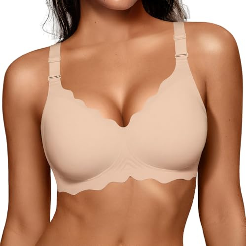 OEAK Women Jelly Bras No Underwire Scalloped Push Up Buttery Soft Tshirt Bra Seamless Full Coverage Convertible Everyday Bra Nude,L