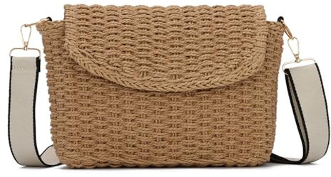 EVEOUT Sac Bandoulière Rotin Tressé Femme été Boho Chic Sac Panier Paille avec Sangle pour Plage Vacances(Marron)