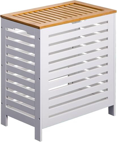 Large White/Oak Wooden Laundry Clothes Bin Basket Rectangle Hamper Storage Bathroom Bedroom Lid White Bathroom Laundry Basket Large Bin Storage Home Organizer with Lid H55 x W50 x D30.5cm