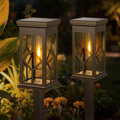LOTMOS 2 Stück Solarlampen für Außen Garten, IP65 Wasserdicht Solarleuchten für Außen Winterfest, Vintage LED Solar Gartenleuchten für Außen Garten Deko Terrasse Pfad Rasen, Warmweiß