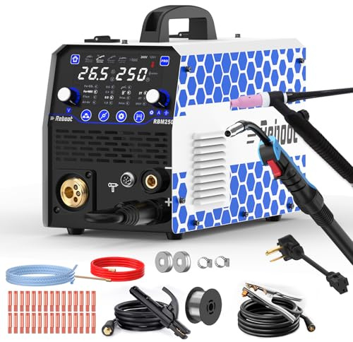 Torcia TIG saldatrice MIG da 250 Amp inclusa 120 V/240 V RBM2500 PRO, saldatrice multiprocesso 8 in 1 con doppia modalità di saldatura in alluminio Gas MIG/Gasless Flux Core/MAG/Lift TIG/Stick/Spot
