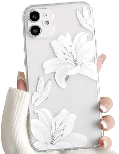 NITITOP für iPhone 12 Hülle Durchsichtig Blume Lilien, Weiß | Süß Floral Schmetterlinge Muster, für Frauen Mädchen, Hauchdünn TPU, mit Vollständiger Kameraschutz, Stoßfest Handyhülle