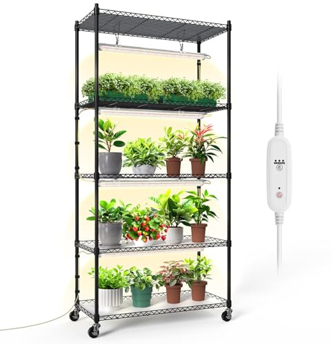 Bstrip 5-stöckiges Pflanzenregal mit Pflanzenlampe, 75x35x150cm | T8-Vollspektrumlicht, 3686K, Timer, Rollen, Pflanzenständer für Anzucht, Keimlinge, Kräuter und Zimmerpflanzen