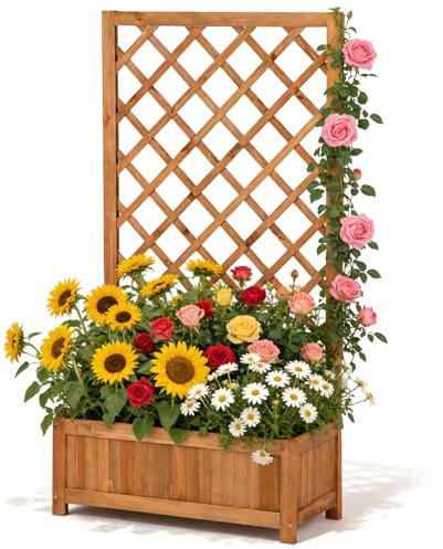 Hochbeet mit Rankgitter aus Holz, Pflanzkasten mit Rankhilfe für Kletterpflanzen, Vertikales Gartenbeet für Blumen, Gemüse & Kräuter, Blumenkasten für Balkon, Terrasse & Garten, Höhe 120cm