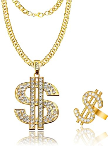 UIEXAY 1-Teilige Dollar-Halskette, 1-Teiliger Ring, Dollarzeichen-Halskette Und Ring-Set, Hip-Hop-Goldkette, Clown-Anhänger, Bargeldsymbol-Anhänger, Goldkette, Rapper-Schmuckzubehör.