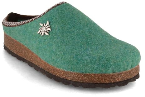 Tuffeln Edelweiß Hausschuhe Damen Filz-Pantoffeln Clogs mit Korkfußbett und Edelweiß Applikation vegan, Grün, Gr. 37