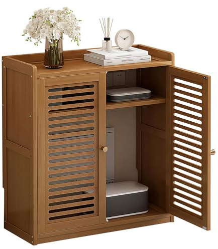 RVUEM Armoire de Rangement pour Routeur, Cache-Boîtier WiFi avec Étagères Réglables et Ventilation, Conception en Panneau de Bambou Épaissi avec Porte Ajourée, pour Chambre Salon,Marron,59*25*82cm