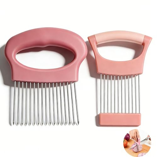 2Pcs Stainless Steel Onion Holder, Onion Slicer Tool Kit with 22 Long Needles & 10 Long Needles, Kitchen Hacks Gadgets Veg Chopper for Tomatoes Potatoes Lemon Meat(Pink)