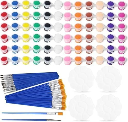 Lucywey Lot de 48 mini peintures acryliques pour enfants avec 30 pinceaux et 4 pots de peinture scolaire pour les cours, les activités familiales