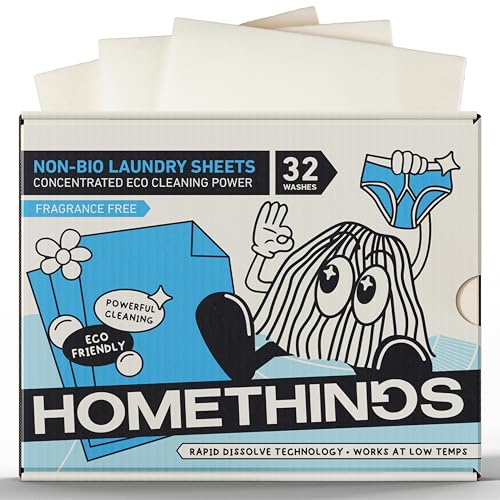 Homethings Non-Bio Laundry Sheets – 32 Ultra-Concentrated Detergent Sheets, Plastic-Free & Fragrance-Free, Eco Laundry Strips for Sensitive Skin, Powerful Cleaning from Cold to Hot Wash