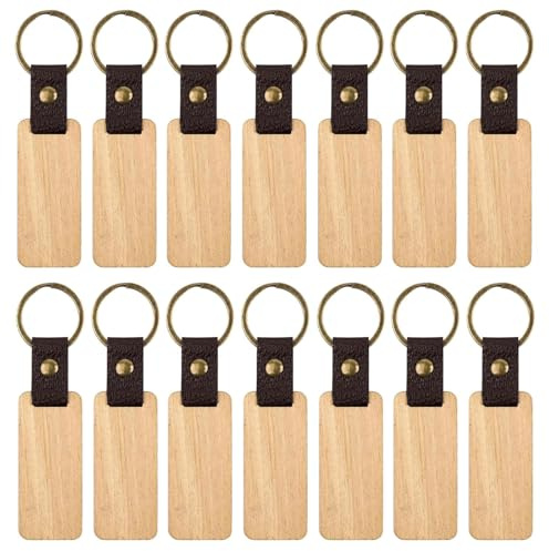 Sikweny 14 Pièces Porte Cle Bois, Porte Clé Personnalisé, Rectangulaires Bois à Graver Porte-Clés, Vierges Accessoires pour Gravure Peinture DIY Artisanat Cadeaux (6,5x2,8 CM)