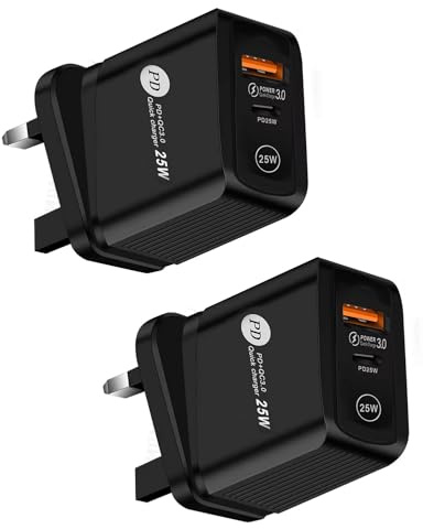 25W USB C Fast Charger UK Plug, PD Charger with USB A and Type C Ports, Fast Charging Power Adapter AC100-240V for Type C Phones Tablets and USB Devices Home Office Travel Use