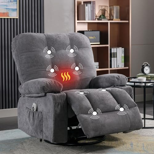 Bosmiller Relaxsessel mit Liegefunktion Elektrisch Fernsehsessel Oversize 360°Drehbarer Liegesessel mit Wärmefunktion Heizung Verstellbar Sessel Stoff TV-Sessel für Wohnzimmer, Grau