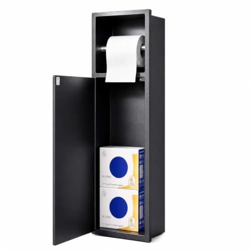 Recessed Toilet Roll Holder with Hidden Storage Cabinet, Matt Black | 304 Stainless Steel In-Wall Bathroom Niche, Push-Open Door for Toilet Brush, Spare Rolls & Toiletries