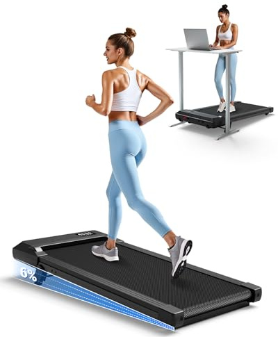 DeerRun Walking Pad mit 6% Steigung, Unter-Schreibtisch-Laufband für Home Office und Zuhause, Kompaktes Laufband mit App, Fernbedienung und LED-Anzeige, bis 136 kg