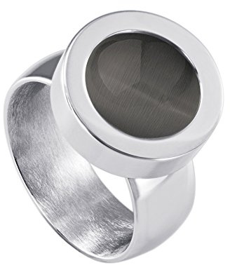 Quiges Glänzendes Silber Edelstahl Ring 12mm Mini Coin Halter Wechselring und Austauschbar Dunkelgrau Katzenauge Stein in Größe 18mm