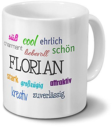 printplanet Tasse mit Namen Florian - Positive Eigenschaften von Florian - Namenstasse, Kaffeebecher, Mug, Becher, Kaffeetasse - Farbe Weiß
