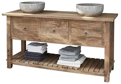 Loberon Doppelwaschtisch Ravel, Inklusive Zwei Naturstein-Becken, mit Großer Schublade & Ablagefläche, Sägeraue Oberfläche, Badmöbel, Mangoholz, antikbraun