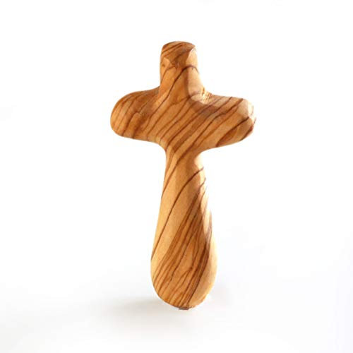 KASSIS Croix de poche 9 cm en bois d’olivier – Porte-bonheur chrétien, fait à la main à Bethléem – Cadeau spirituel en bois – Symbole de foi et de réconfort