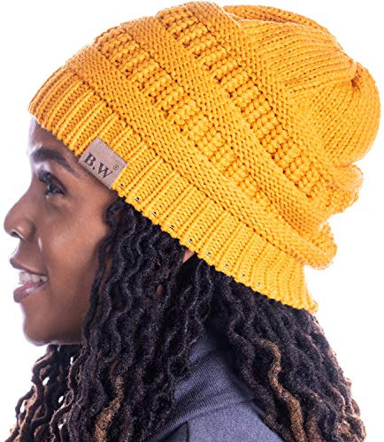 Beautifully Warm Damen Wintermütze | Slouchy Beanie Satin gefütterte Mütze für Frauen - Gelb - Large