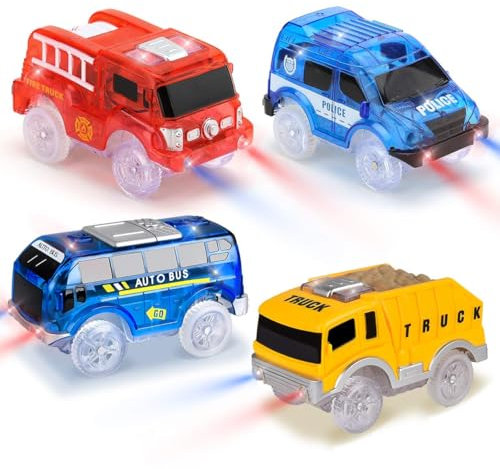 Funkprofi Spielzeugautos für Kinder ab 2 Jahre alt, 4 Pack Kinderspielzeug Auto Track Cars mit 5 LED Lichter Rennauto Blauer Bus + Gelber Abschleppwagen + Rotes Feuerwehrauto + Blaues Geländewagen