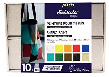 Pébéo - Setacolor Coffret Collection Opaque - Kit Peinture Textile - 10 flacons de 45 ml Assortis + 1 Tube Setacolor 3D Métal 20 ml Or + 1 marqueur 7A + Accessoires + Guide Créatif