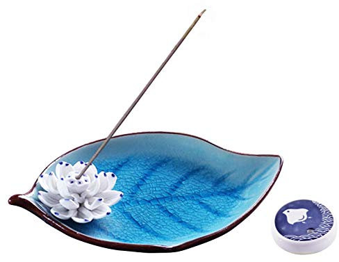 Himmelblauer Seevogel Keramik-Lotus-Räuchergefäß und Aschefänger-Tablett – blaue Räucherstäbchen