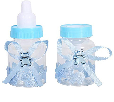 Haofy 50pcs Baby Shower Candy Bottles, Milk Bottle Design | Decorative ribbons and crystal bear for festive table centerpieces, reusable plastic containers for daily small item storage,