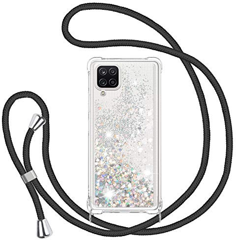 TUUT Handyband für Samsung Galaxy A12 4G/M12 Hülle mit Band, Glitzer Treibsand Handyhülle mit Kordel zum Umhängen Transparent Stoßfest Schutzhülle mit Kette Schnur, Quicksand Necklace Case in Schwarz