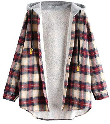 ORANDESIGNE Chemise à Capuche Polaire Carreaux Femme Veste Thermique Élégant Chemise Oversize Manteau Chaud à Carreaux Chic Chemisier à Carreaux A Jaune L