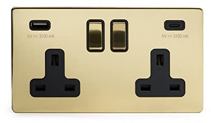 Soho Lighting Brushed Brass 2 Gang USB A+C Socket (13A Socket + 2 USB Ports A+C 3.1A) Blk Ins Screwless