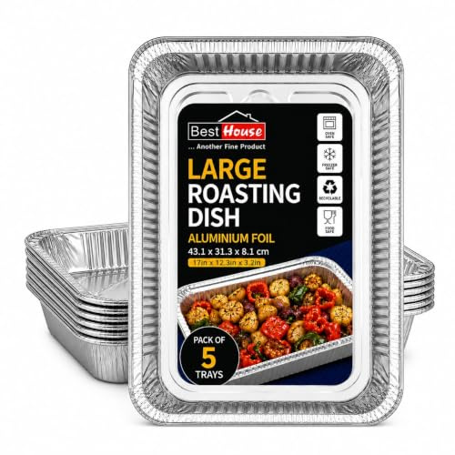 BH | Large Aluminium Foil Baking Trays | 43.1 x 31.3 x 8.1 cm | 5 Pack | Heavy-Duty, Oven Safe, Recyclable, Disposable Roasting Pans for Baking, Cooking, Catering & Food Preparation