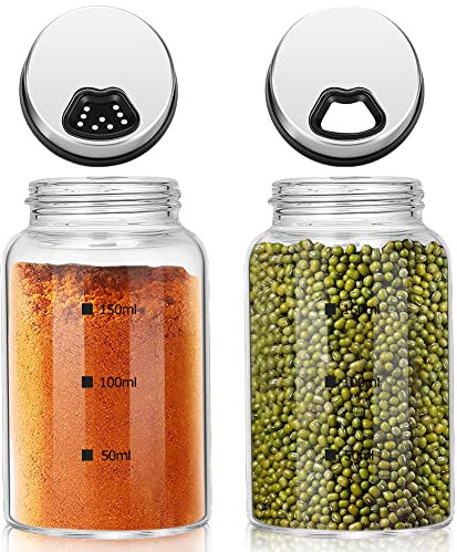 LEEPAT 2 Stück Gewürzgläser mit Drehdeckel, Borosilikatglas Gewürzstreuer, 150ml Gewürzdosen mit 4 Arten von Gewürzlöchern für Gewürze oder Kräuter in der Küche oder Grillen im Freien