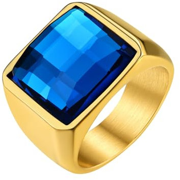 GoldChic Gold Ringe Herren Siegelring Edelstahlring Blauer Stein 15MM breit Bandring Verlobungsring 72mm Zirkonia Ring Herren Schmuck Accessoires