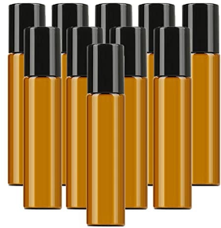 NA 10Pcs 10ml Essential Oils Roller Bottles Refillable Brown Amber Glass Bottles with Stainless Steel Roller Balls