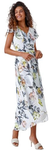 Roman Originals Frill Dress for Women UK Ladies Summer Wrap Chiffon Frill Hem Layered Belted Midi Maxi Tiered Cape Special Occasion Fit & Flare Wedding Guest Swing Skater - Ivory Lime - Size 12