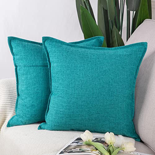 Madizz 2er Set Polyester- Leinen Kissenbezügen Weiche dekorative Kissenbezüge für Sofa Schlafzimmer Kissenhülle Blaugrün 65x65 cm Quadrat