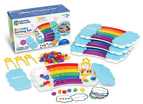 Learning Resources Rainbow Sorting Set Classroom Edition Set of 4 Fine Motor Skills, Sorting, Patterning, Addition Skills, Learning and Education Toys, Sensory Tray, 144-Piece, Ages 3+