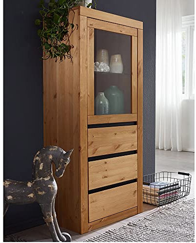 Lomadox Highboard Schrank Vitrine Standvitrine Vitrinenschrank Massivholz Kiefer massiv eichefarbig 61,5x150x42 cm
