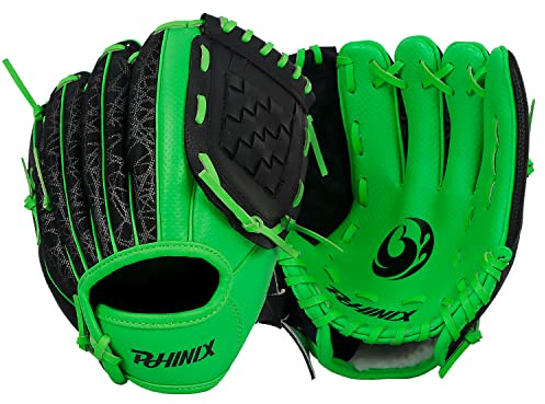 PHINIX Guantes de béisbol para niños para jugar y entrenar de 8 .5 a 9 pulgadas (9 pulgadas, verde)