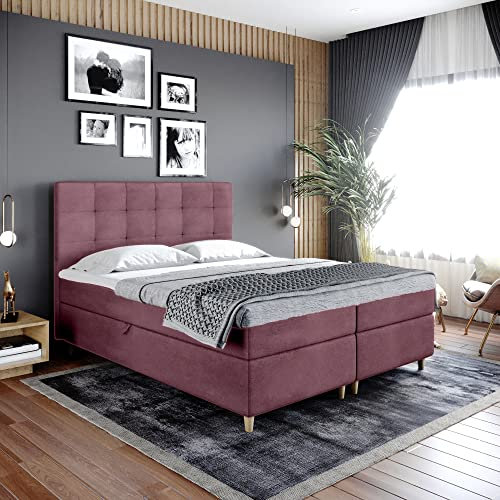 FURNISTAR Boxspringbett Dante - Doppelbett, Bett mit Bonellmatratze und Topper, 2 Bettkästen für Bettwäsche, Polsterbett, Modern, Elegant, Schlafzimmermöbel, Schlafzimmerbett (200x200, Rottwein)