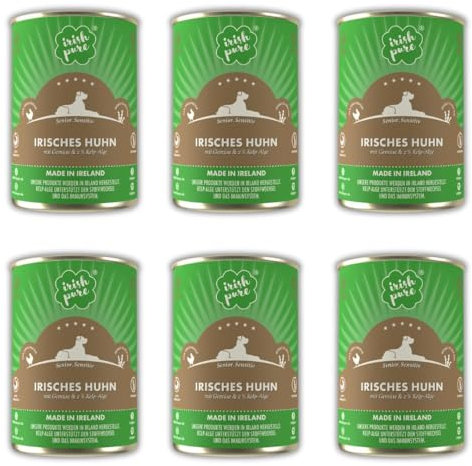 Irish Pure Premium Senior Nassfutter für Hunde | 6 x 390g | irisches-Huhn | Vitamine | Getreidefrei | Sensitiv | mit Superfood Kelp-Alge | Nassfutter für alle Rassen
